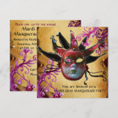 BLACK RED JESTER MASK, Parchment Masquerade Party Kaart (Voorkant / Achterkant)