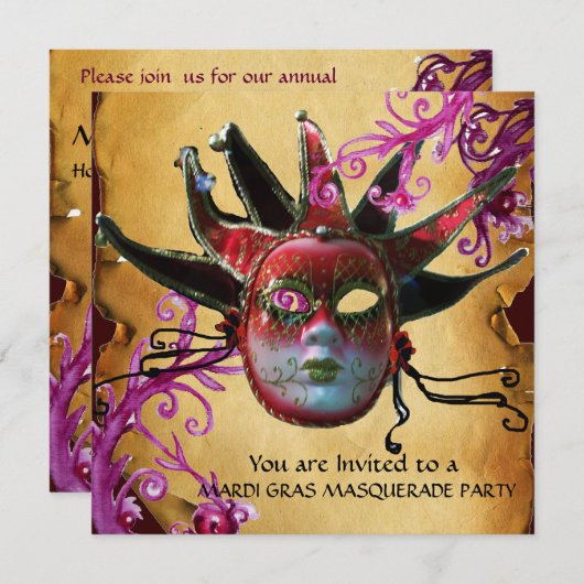 BLACK RED JESTER MASK, Parchment Masquerade Party Kaart (Voorkant / Achterkant)