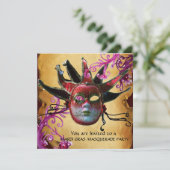 BLACK RED JESTER MASK, Parchment Masquerade Party Kaart (Staand voorkant)