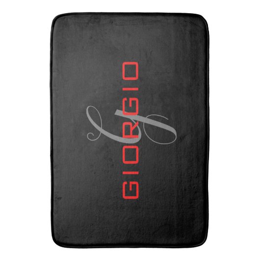 Black Red Jouw naam Initiaal Monogram Modern Badmat (Voorkant Verticaal)