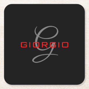 Black Red Jouw naam Initiaal Monogram Modern Kartonnen Onderzetters