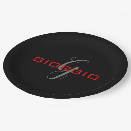 Black Red Jouw naam Initiaal Monogram Modern Papieren Bordje (Gekanteld)