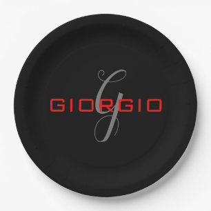 Black Red Jouw naam Initiaal Monogram Modern Papieren Bordje