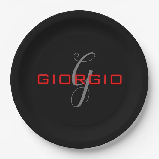 Black Red Jouw naam Initiaal Monogram Modern Papieren Bordje (Voorkant)