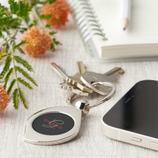 Black Red Jouw naam Initiaal Monogram Modern Sleutelhanger (Zijkant)