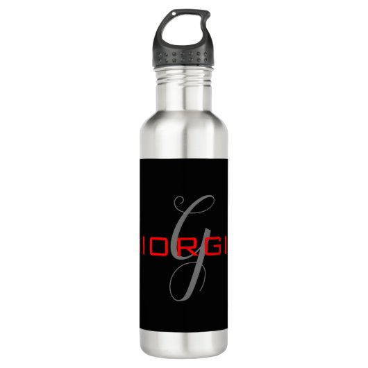 Black Red Jouw naam Initiaal Monogram Modern Waterfles (Voorkant)