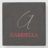 Black Red Jouw naam Initiaal Monogram Stenen Onderzetter (Voorkant)