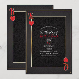 Black Red King & Queen of Hearts Elegant Wedding Kaart