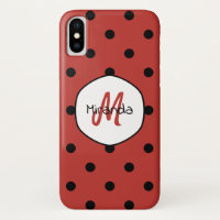 Black Red Ladybug Polka Dots Name en Monogram