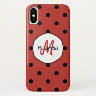 Black Red Ladybug Polka Dots Name en Monogram Case-Mate iPhone Case
