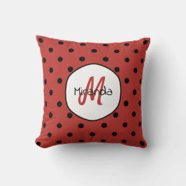 Black Red Ladybug Polka Dots Name en Monogram Kussen