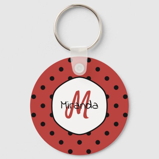 Black Red Ladybug Polka Dots Name en Monogram Sleutelhanger (Voorkant)