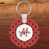 Black Red Ladybug Polka Dots Name en Monogram Sleutelhanger (Voorkant)