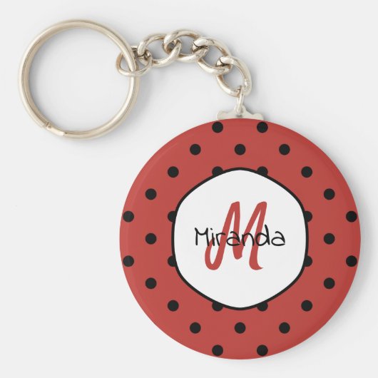 Black Red Ladybug Polka Dots Name en Monogram Sleutelhanger (Voorkant)