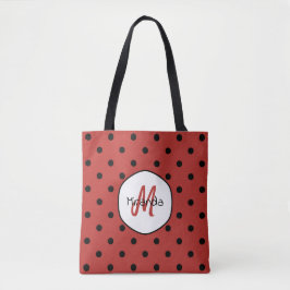 Black Red Ladybug Polka Dots Name en Monogram Tote Bag