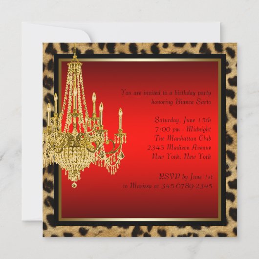 Black Red Leopard Gold Chandelier Birthday Kaart (Achterkant)