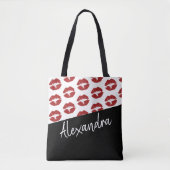 Black Red Lips Kiss Pattern Moderne Personeelsform Tote Bag (Voorkant)