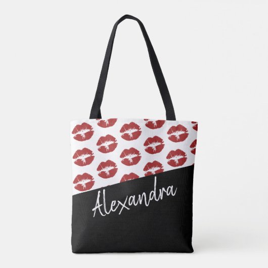 Black Red Lips Kiss Pattern Moderne Personeelsform Tote Bag (Achterkant)