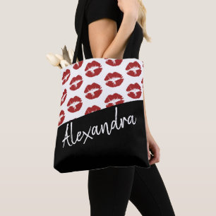 Black Red Lips Kiss Pattern Moderne Personeelsform Tote Bag
