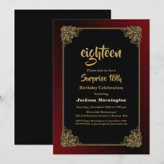 Black Red met Gold Lijst verrassend 18e verjaardag Kaart (Voorkant / Achterkant)