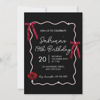Black Red Modern Coquette 19th Birthday Invitation Kaart