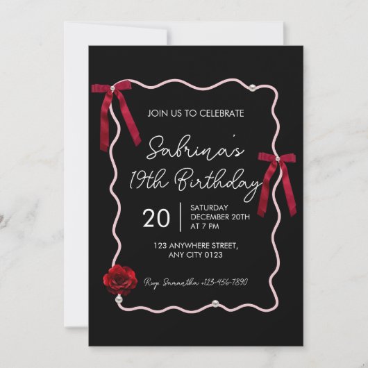 Black Red Modern Coquette 19th Birthday Invitation Kaart (Voorkant)