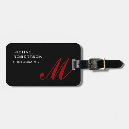 Black Red Monogram Initialen Plain minimalist Bagagelabel (Voorkant horizontaal)