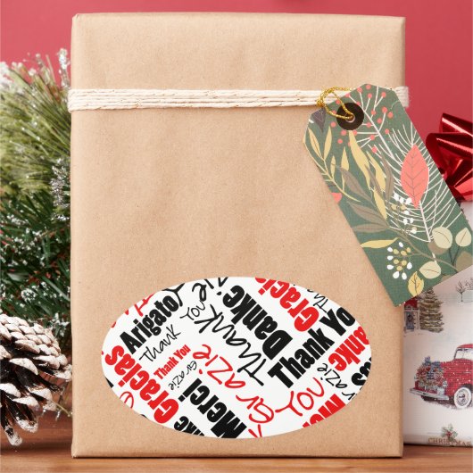 Black Red Multilingual bedankt Typografie Cloud Ovale Sticker (Feestdagen)