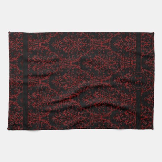Black Red Outline Monogram Damask Floral Swirls Theedoek (Horizontaal)