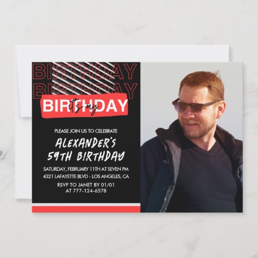 Black Red Photo Mannen 59ste verjaardag Kaart (Voorkant)