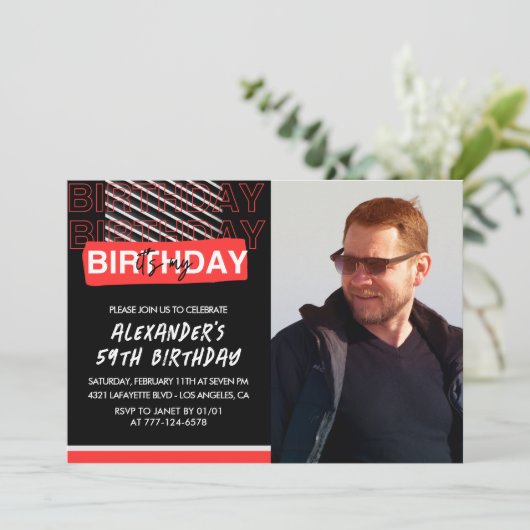 Black Red Photo Mannen 59ste verjaardag Kaart (Staand voorkant)