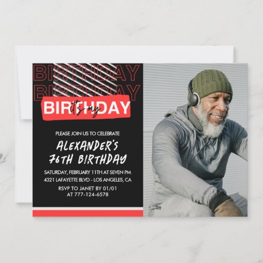 Black Red Photo Mannen 76ste verjaardag Kaart (Voorkant)