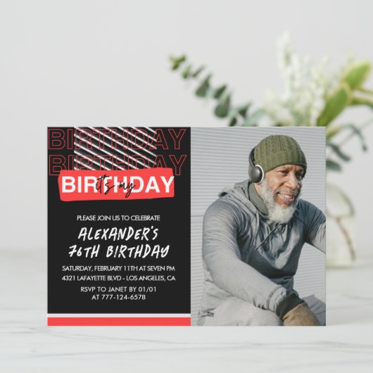 Black Red Photo Mannen 76ste verjaardag Kaart (Staand voorkant)