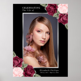 Black Red Pink Floral Foto Memorial Funeral Sign Poster