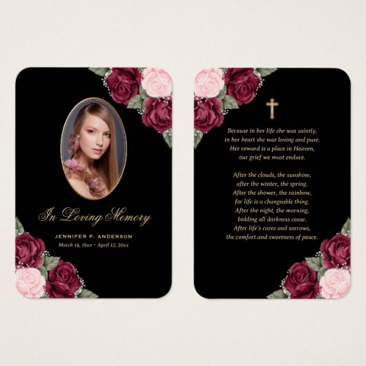 Black Red Pink Gold Floral Funeral Prayer Kaart (Voorkant /achterkant)