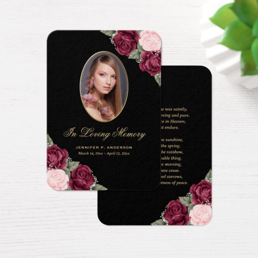 Black Red Pink Gold Floral Funeral Prayer Kaart (Bureau)