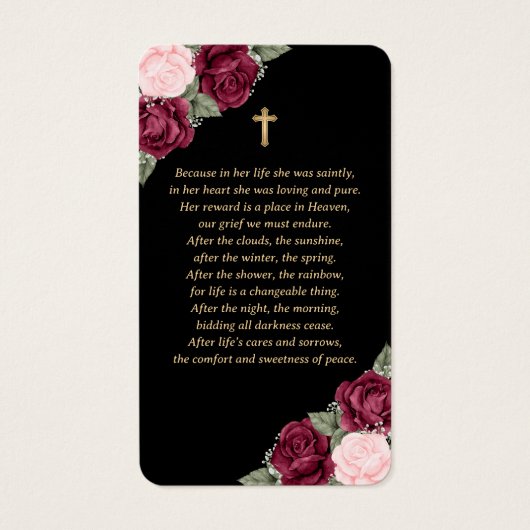 Black Red Pink Gold Floral Funeral Prayer Kaart (Achterkant)