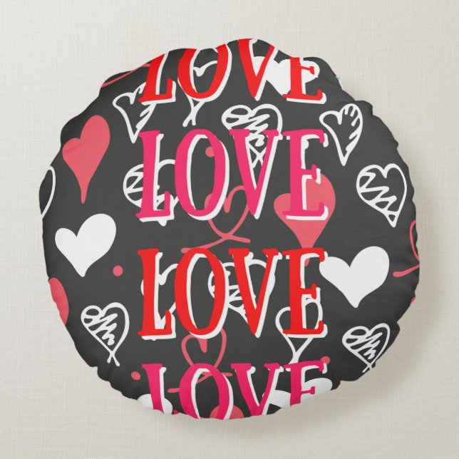 Black Red & Pink "Love" Phrase Print Round Pillow Rond Kussen (Achterkant)