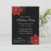 Black Red Poinsettia Swirls Holiday Party Kaart (Staand voorkant)