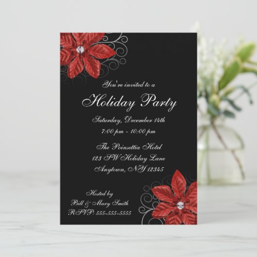Black Red Poinsettia Swirls Holiday Party Kaart (Staand voorkant)