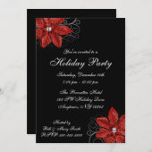 Black Red Poinsettia Swirls Holiday Party Kaart (Voorkant / Achterkant)