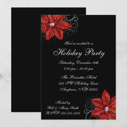 Black Red Poinsettia Swirls Holiday Party Kaart (Voorkant / Achterkant)