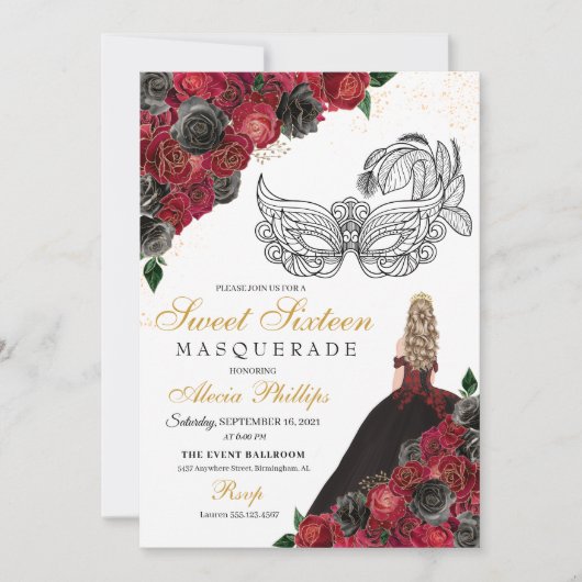Black Red Princess Tiara Masquerade Sweet 16 Kaart (Voorkant)