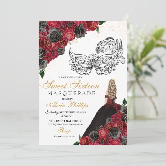 Black Red Princess Tiara Masquerade Sweet 16 Kaart (Staand voorkant)