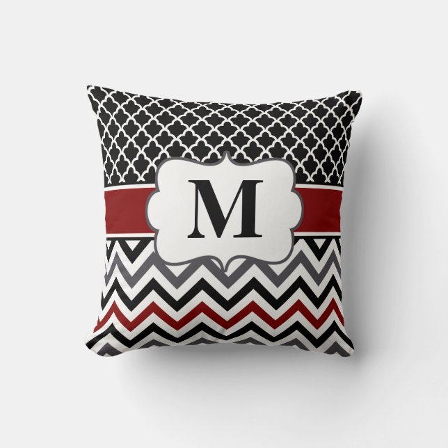 Black Red Quatrefoil Chevron Kussen (Voorkant)