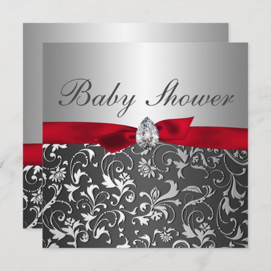 Black Red Ribbon Silver Flourish Baby shower Kaart (Voorkant / Achterkant)