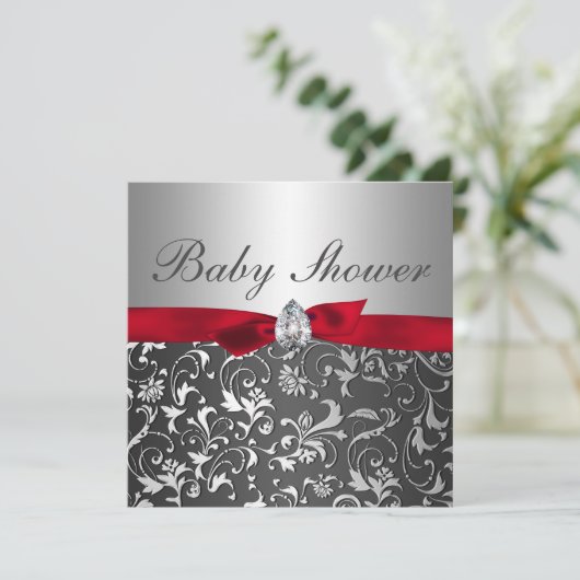 Black Red Ribbon Silver Flourish Baby shower Kaart (Staand voorkant)