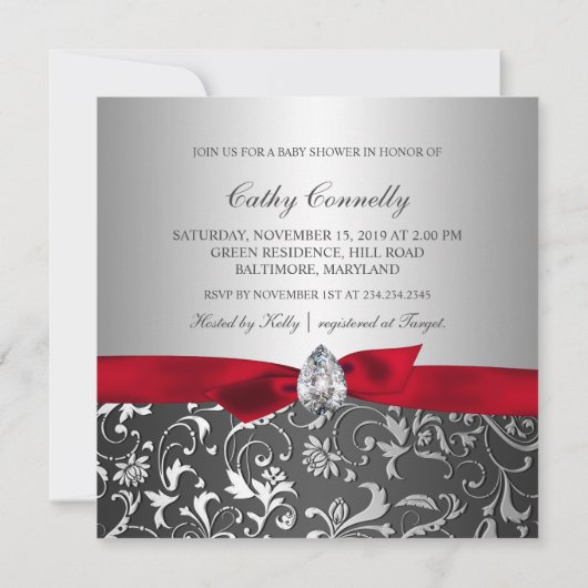 Black Red Ribbon Silver Flourish Baby shower Kaart (Achterkant)