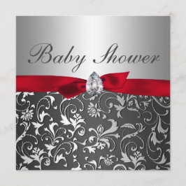Black Red Ribbon Silver Flourish Baby shower Kaart