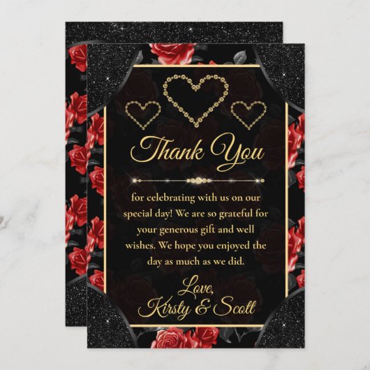 Black & Red Rose Pattern & Gold Diamonds Wedding Bedankkaart (Voorkant / Achterkant)